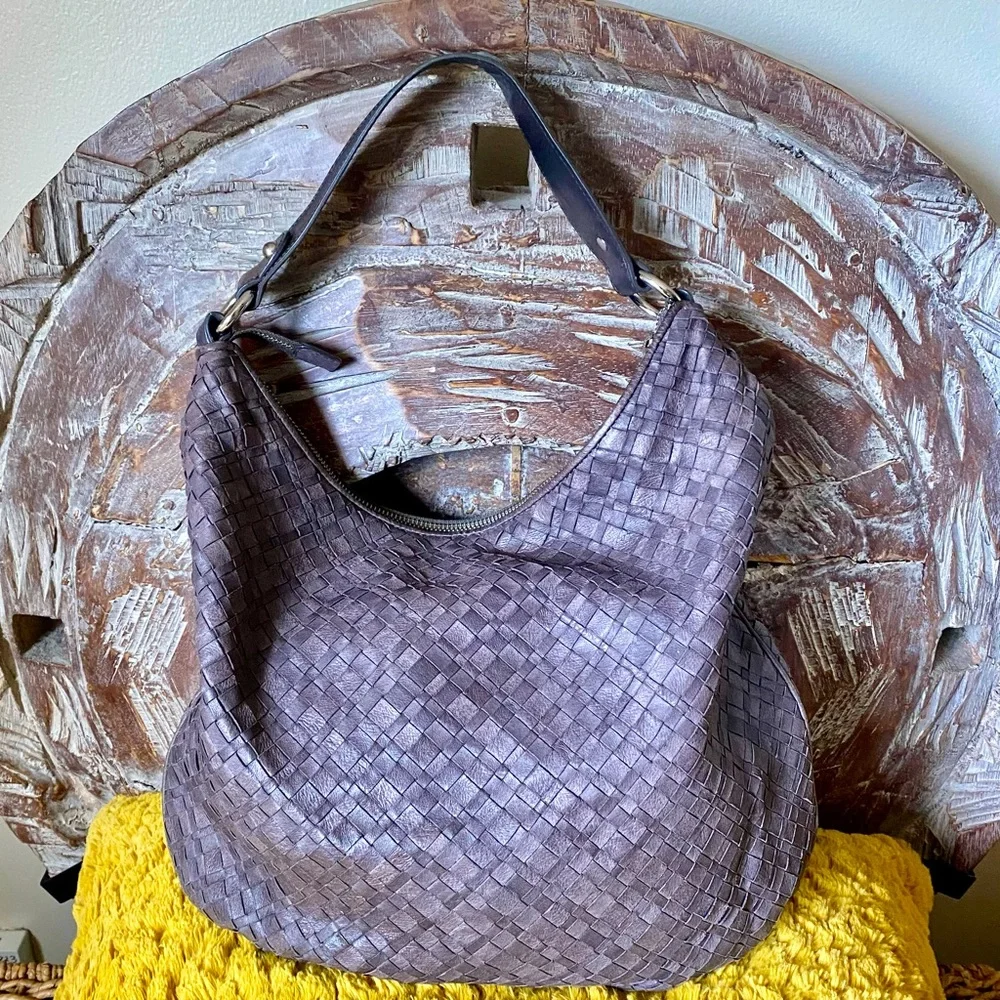 Grey Woven Leather Hobo Bag